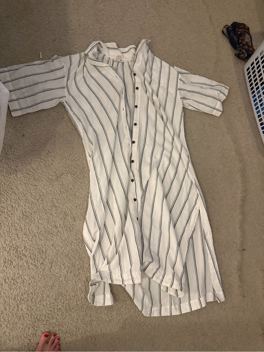 Madewell White Button-Up Dress with Dark Green Stripes
